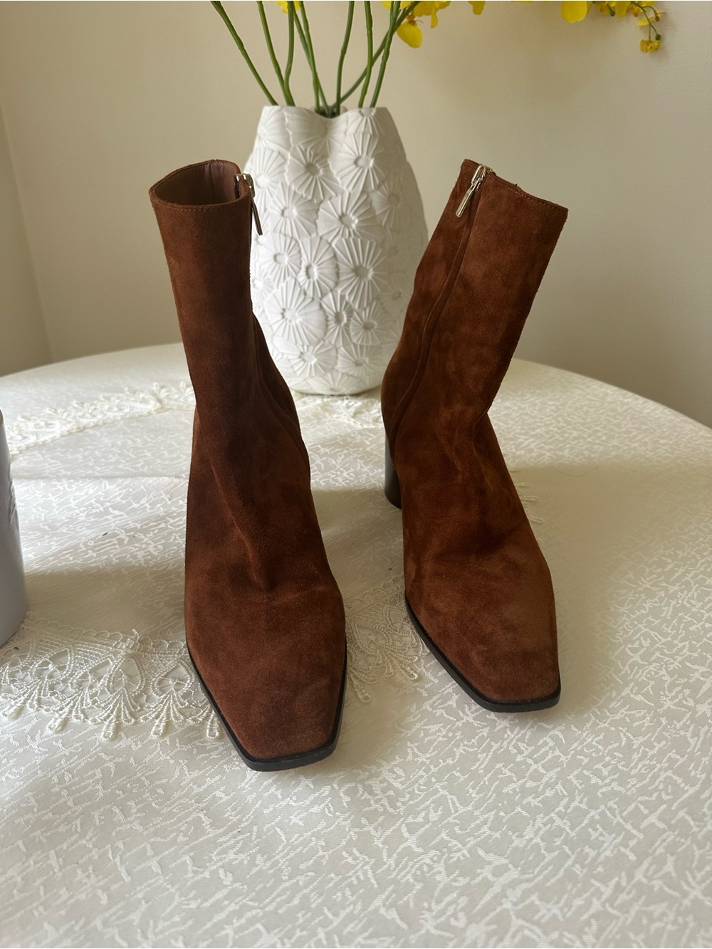 Salvatore Ferragamo Brown Suede Mid-Calf Block Heel Boots